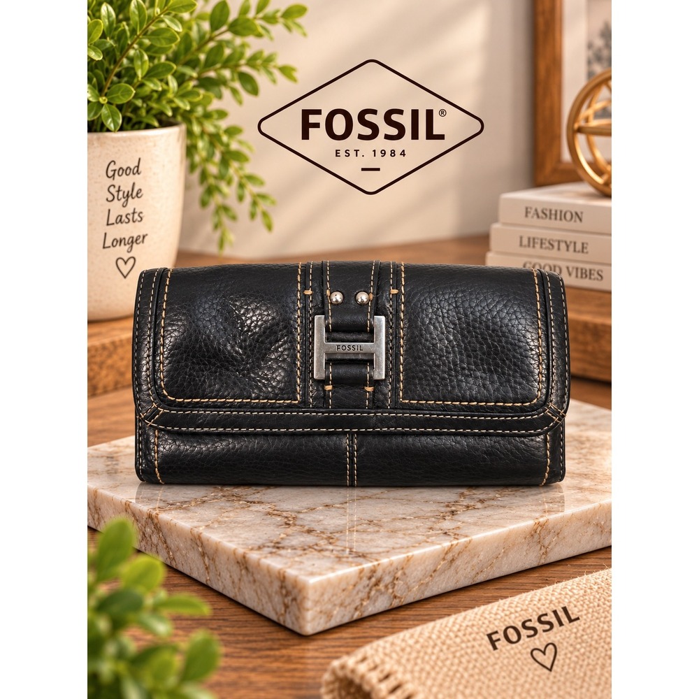Fossil Black Pebbled Leather Trifold Wallet H-Buckle Contrast Stitching